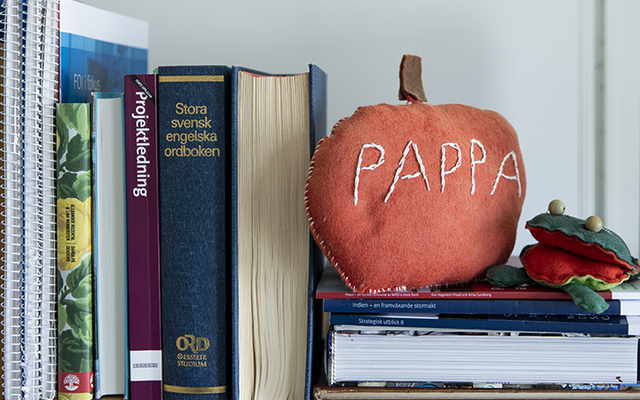 Sydda prydnader, äpple med pappa på och en groda, som står i bokhyllan