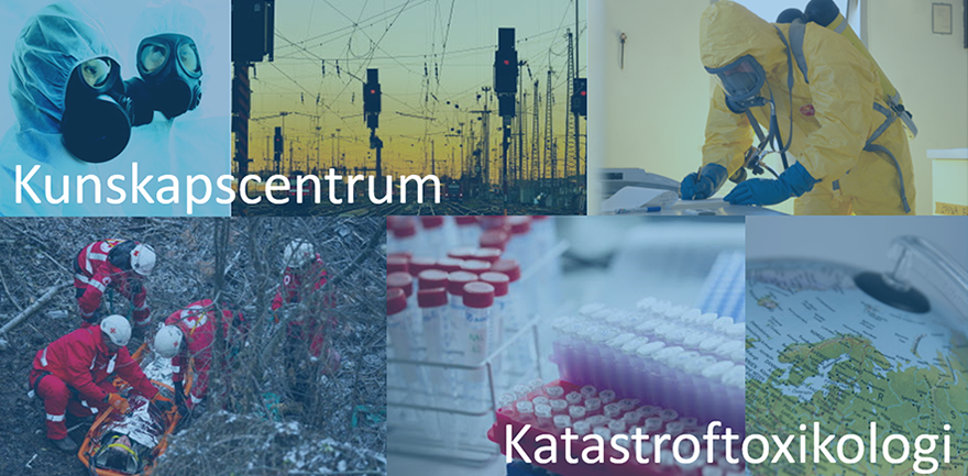 Det står "Kunskapscentrum för Katastroftoxikologi -KcC" på bilden som är ett kollage med bland annat människor i skyddsdräkt.