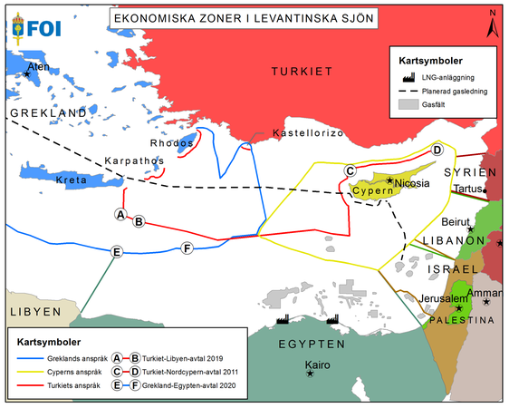 Claimed economic zones in the eastern Mediterranean