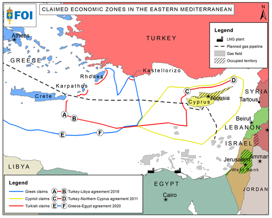 Claimed economic zones in the eastern Mediterranean