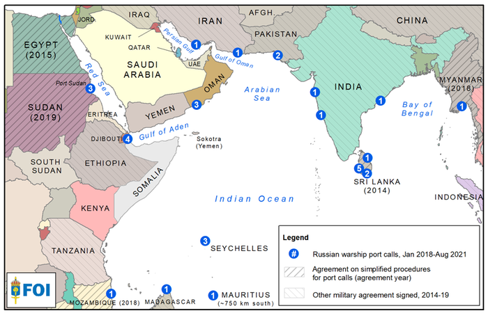 Russian warship port calls in the north-western Indian Ocean, 2018–21