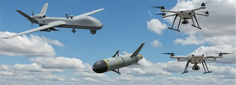 Dekorativ bild med flera olika typer av drönare